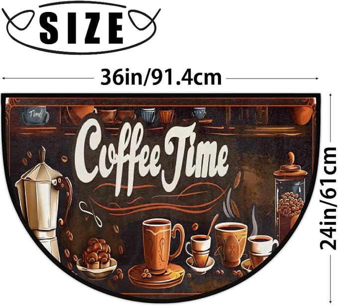 Pardick Coffee Design Art Half Round Doormat Semi Circle Rug Non Slip Indoor Outdoor Entrance Half Moon Rug Absorbent Durable Washable Front Floor Mat for Kitchen Bathroom Patio Fireplace