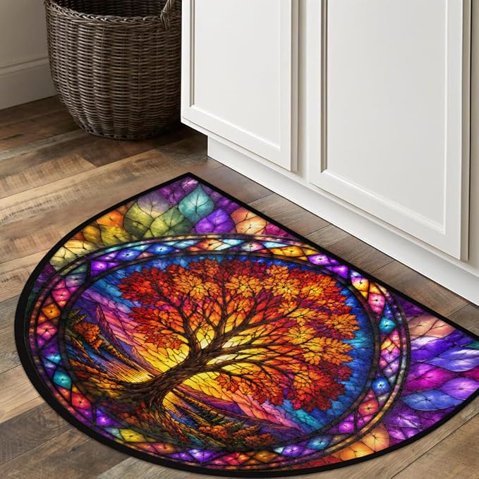 Pardick Tree Half Round Door Mat Welcome Entrance Mat Bath Bathroom Rug A5 | Tree Glass Painting Welcome Entrance Mat Anti-Slip Half Moon Bath Mat Semi Circle Rug Indoor Outdoor Kitchen Rug