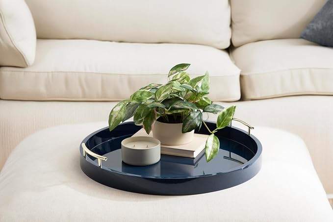 Kate And Laurel Lipton Modern Round Ottoman Tray; 22 Inch Diameter; Navy and Gold; Decorative Circle Coffee Table Tray for Living Room Decor or Large Serving Tray
