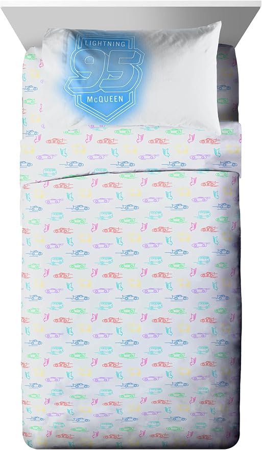 Disney Pixar Cars McQueen Twin Comforter Set 5 Piece Kids Bedding, Black | Neon Racecar, Bed in a Bag, Comforter Sheets Sham Pillowcase, Official Product, Soft Microfiber, Machine Washable, Boys Gift