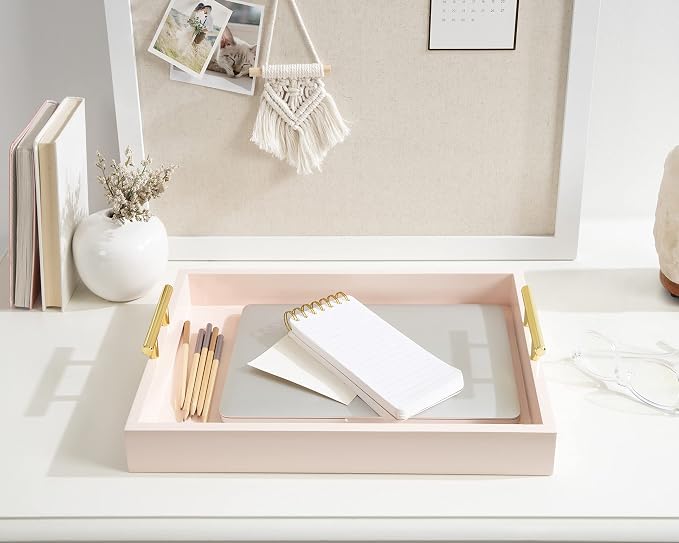 Kate and Laurel Lipton Decorative Tray with Polished Gold Metal Handles, Soft Pink
