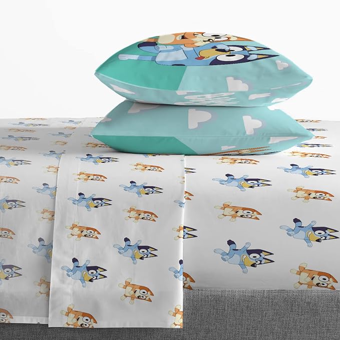 Jay Franco Kids Sheet Set with Fitted, Flat Sheets & Pillow Cover - Ultra-Soft Bedding with Pillowcase for Room Decor, White - Bluey, 4 Piece Full