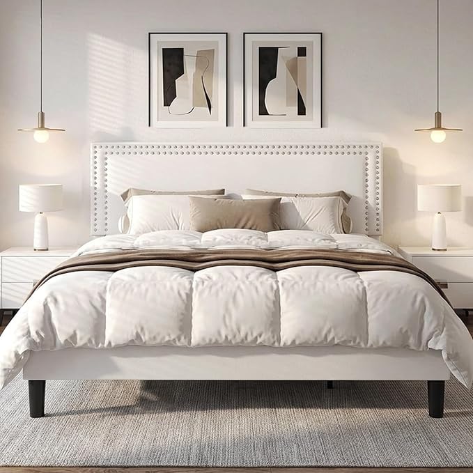 VECELO King Bed Frame with Rivet-Tufted Headboard & Footboard, Upholstered Platform Bed with Wood Slats Support, No Box Spring Needed, Noise-Free, Easy Assembly, White
