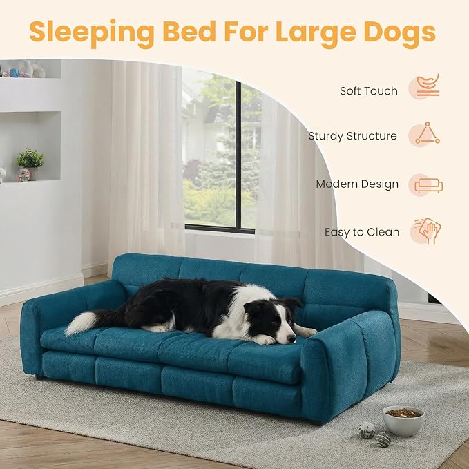 51" XL Dog Bed Couch, Elevated Large Dog Sofa with Backrest and Armrests, Soft Memory Foam Extra Large Pet Bed with Removable Cushion, Durable Linen Pet Couch Furniture, Dark Blue