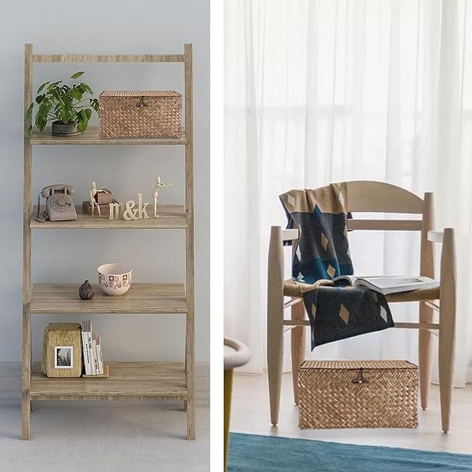 Hipiwe Wicker Shelf Baskets Bin with Lid Large Handwoven Basket Box, Coffee | Natural Seagrass Storage Baskets, Rectangular Household Basket Boxes for Shelf Wardrobe Home Organizer