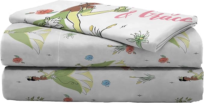 Jay Franco Kids Sheet Cartoon Set with Fitted, Flat Sheets & Pillow Cover - Ultra-Soft Bedding with Pillowcase for Room Decor, White - Tiana, 3 Piece Twin