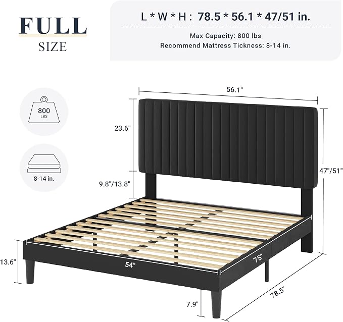 Allewie Full Bed Frame, Velvet Upholstered Platform Bed with Vertical Channel Tufted Headboard, Mattress Foundation with Strong Wooden Slats, Box Spring Optional, Easy Assembly, Black
