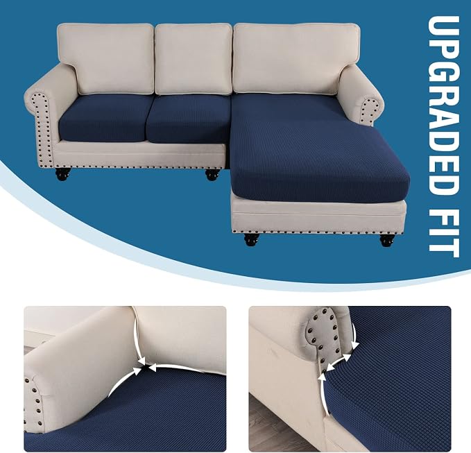H.VERSAILTEX Sectional Couch Covers 3 Pieces Sofa Seat Cushion Covers L Shape Separate Cushion Couch Chaise Cover for Both Left/Right Sectional Couch (Seat Only: 1 Chaise + 2 Sofa, Navy)