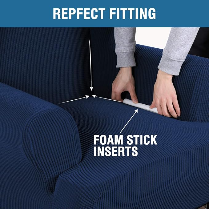 H.VERSAILTEX Wing Chair Slipcover Chair Covers for Wingback Chairs Wingback Chair Covers Slipcovers 1 Piece Stretch Sofa Cover Furniture Protector Soft Spandex Jacquard Checked Pattern, Navy