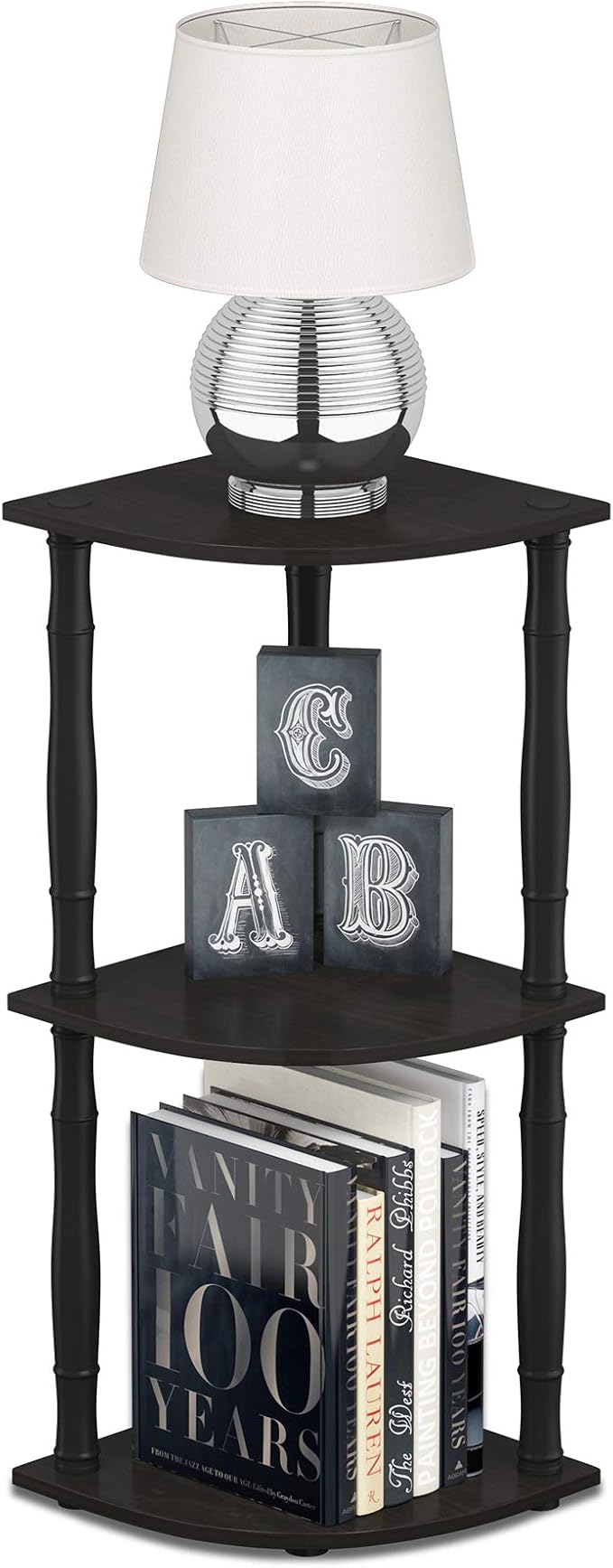 Furinno Turn-N-Tube 3-Tier Corner Display Rack Multipurpose Shelving Unit with Classic Tube, Espresso/Black | Open Shelves Corner Bookshelf, Display Storage Shelves, Classic Tubes, for Organization, Living Room, Home Office