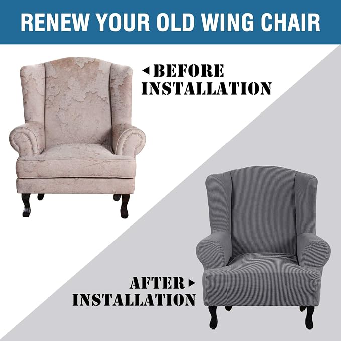 H.VERSAILTEX Wing Chair Slipcover Chair Covers for Wingback Chairs Wingback Chair Covers Slipcovers 1 Piece Stretch Sofa Cover Furniture Protector Spandex Jacquard Checked Pattern, Grey
