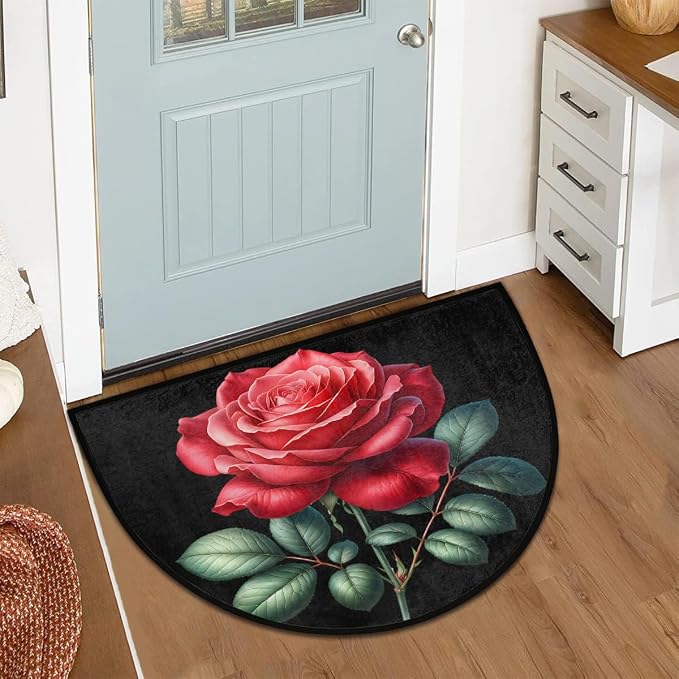 Rose Res Floral Half Round Door Mat Non-Slip Semi Circle Rug Washable Half Moon Floor Rug Absorbent Bathroom Area Rugs for Outdoor Indoor Fireplace Mat Entryway Kitchen Decor Rugs