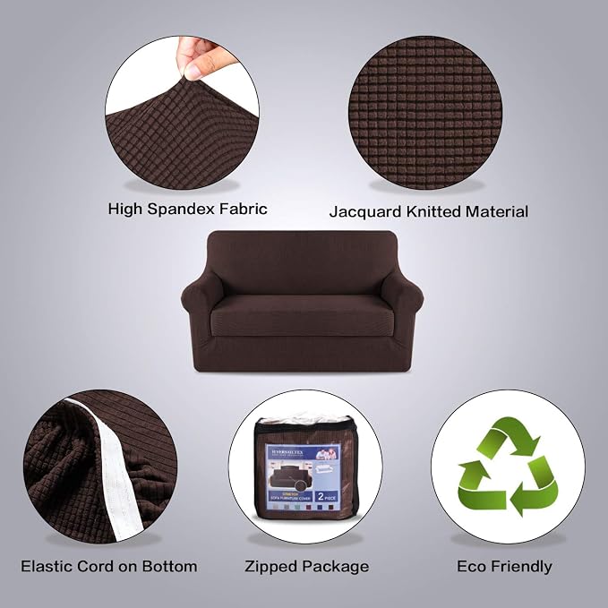 H.VERSAILTEX 2 Separate Pieces Stretching Loveseat Slipcover/Furniture Cover Love Seat, Thick and Durable Jacquard Covers Suit for T Cushion/Box Cushion, Easy to Put on (Loveseat, Brown)