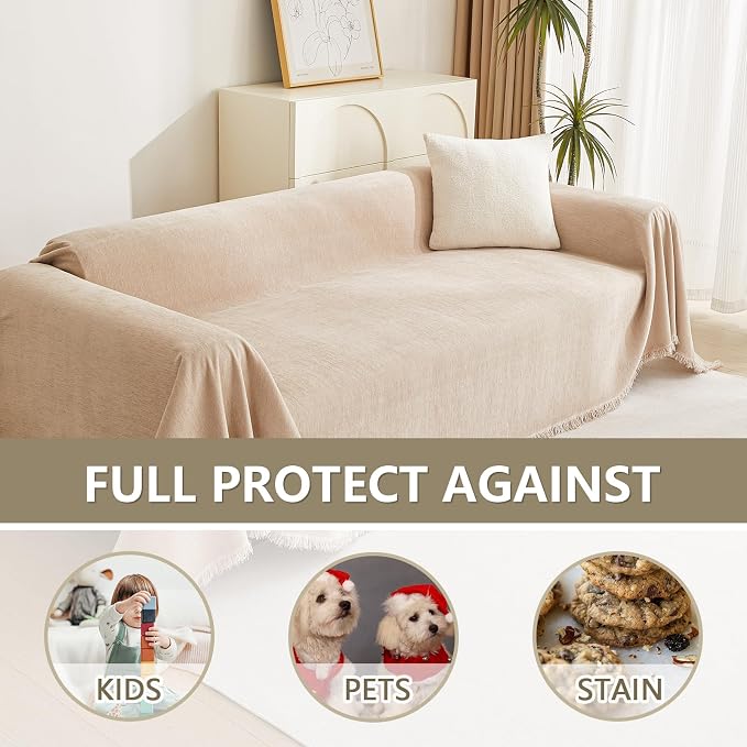 MYSKY HOME Khaki Sectional Sofa Covers Chenille Couch Cover for Dogs Solid Sofa Cover for 3 Cushion Couch Washable Couch Covers with Tassel Edge L Shape Sofa Throw Large Sofa Slipcover, 71" X134"
