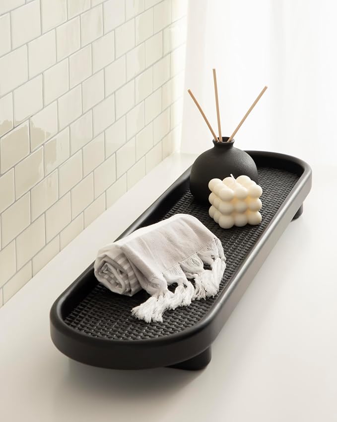 Kate and Laurel Planche Decorative Capsule Woven Tray with Solid Wood Frame; 27 x 8; Black; Modern Slim Wood Rectangle Serving Tray for Living Room