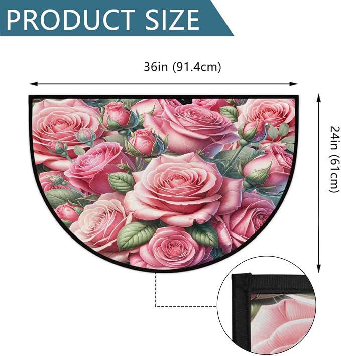 Pink Rose Flower Half Round Door Mat Non-Slip Semi Circle Rug Washable Half Moon Floor Rug Absorbent Bathroom Area Rugs for Outdoor Indoor Fireplace Mat Entryway Kitchen Decor Rugs