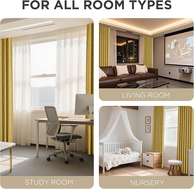 Joydeco Linen Blackout Curtains for Bedroom - 100% Light Blocking 1 Panels, Yellow Drapes 70" W x 90" L, Thermal Insulated Room Darkening Curtains for Living Room, Rod Pocket & Back Tabs