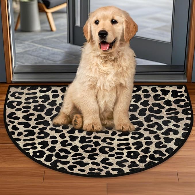 Leopard Print Cheetah Brown Half Round Door Mat Non-Slip Semi Circle Rug Washable Half Moon Floor Rug Absorbent Bathroom Area Rugs for Outdoor Indoor Fireplace Mat Entryway Kitchen Decor Rugs