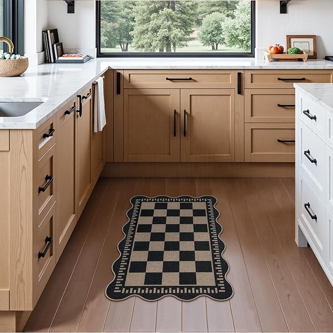 Checkered Easy Jute Entryway Rug, 2x3 Washable Non Slip Kitchen Rug, Indoor Outdoor Door Mat, Farmhouse Low Pile Floor Black Rugs for Porch Doorway
