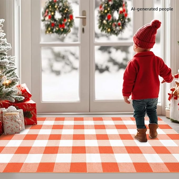 USTIDE Buffalo Plaid Outdoor Rug 4' x 6' Orange and White Check Christmas Check Indoor Area Rug Washable Cotton Woven Rug Layering Rug for Welcome Door Mat Farmhouse Front Porch Entryway