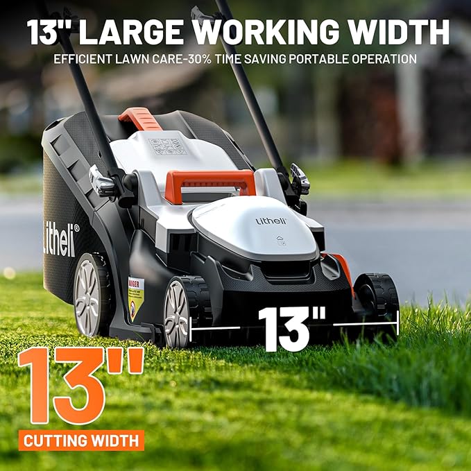 Litheli Electric Lawn Mower Cordless,Grass Cutter Machine for 1300 Sq.Ft. Lawnmower with Motor,13.2 in Cutting Width,8 Gallon Capacity,Cutting Height from 1 to 2.5 in with 4.0A Battery