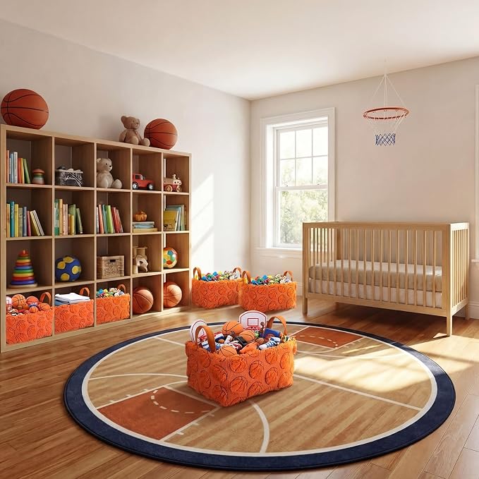 2 Pcs Basketball Storage Basket 14x10'' Back to School Gift Basket | Sport, Foldable, Fluffy, Laundry, Storage Bin with Handle, Closet Organizer, Preppy Dormitory, Countertop Tabletop Shelf