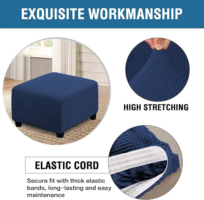 H.VERSAILTEX Square Ottoman Covers Ottoman Slipcovers Folding Storage Stool Furniture Protector Form Fit with Elastic Bottom, Stretch High Spandex Small Checks Jacquard Fabric(Medium,Navy)