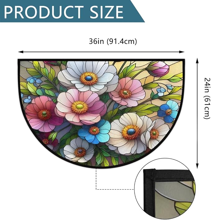 Flower Half Round Doormat Semi Circle Rug Half Moon Rug Entryway Mat | Spring Floral Washable Non Slip Outdoor Floor Rug Kitchen Mat for Indoor Outdoor Bathroom Fireplace Bath Decor