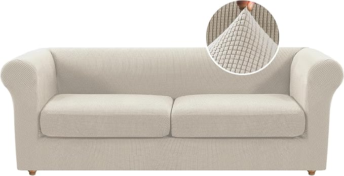 H.VERSAILTEX 3 Pieces Stretch Chesterfield Sofa Covers for 2 Cushion Couch Mid Century Deep Seat Slip Covers for Sofas/Couches with Elastic Bottom Thicker Jacquard Fabric(Medium-XL Sofa, Island Fossi)