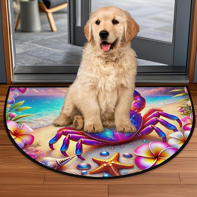 Summer Beach Crabs Half Round Door Mat Non-Slip Semi Circle Rug Washable Half Moon Floor Rug Absorbent Bathroom Area Rugs for Outdoor Indoor Fireplace Mat Entryway Kitchen Decor Rugs