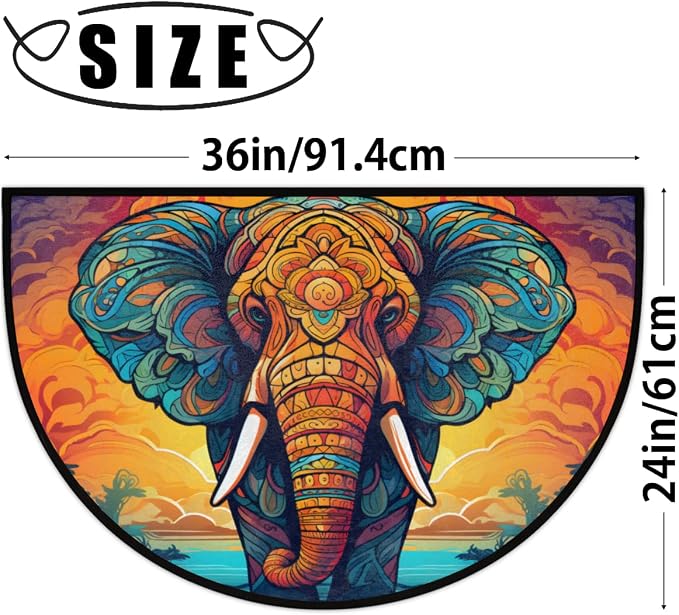 Elephant Drawn Half Round Door Mat, Non-Slip Entrance Welcome Mat for Indoor Semi Circle Bathroom Floor Rugs Outdoor Mats House Entry Way Heavy Duty Doormat for Kitchen Living Room 36x24 Inch