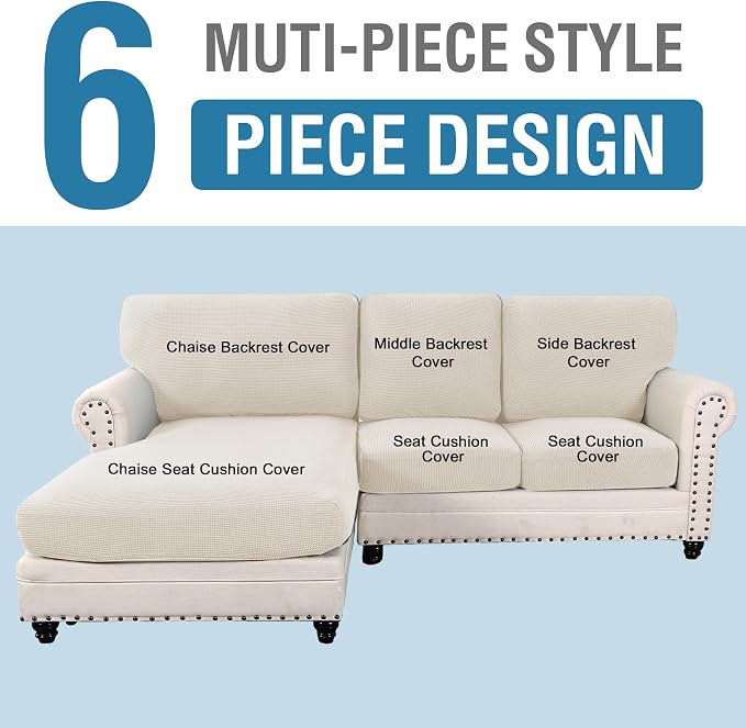 H.VERSAILTEX 2025 New Sectional Couch Covers 6 Pieces Stretch Sofa Covers for Sectional Sofa Set Separate L Shaped Couch Cover for Both Left/Right Couch (Seat and Back: 1 Chaise + 2 Sofa, Ivory)