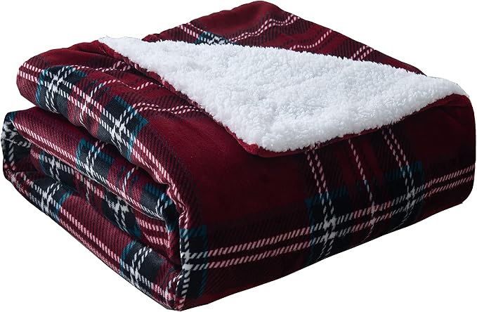 Elegant Comfort Throw Blanket, Reversible Sherpa Flannel, Ultra-Soft, Fuzzy, Cozy and Plush- All Season Lightweight Decorative Throw, 50 x 60 inches, Plaid Design Sherpa Throw, Burgundy