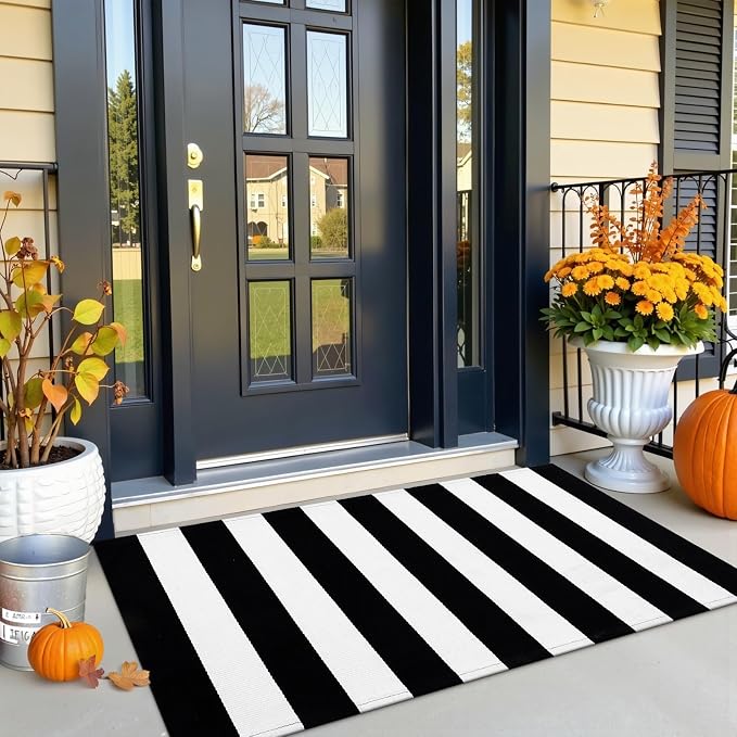 OLANLY Black and White Striped Rug 2' x 4'3" (24" x 51") – Washable Cotton Indoor Outdoor Doormat for Front Door, Entryway, Kitchen, Porch, Patio Decor