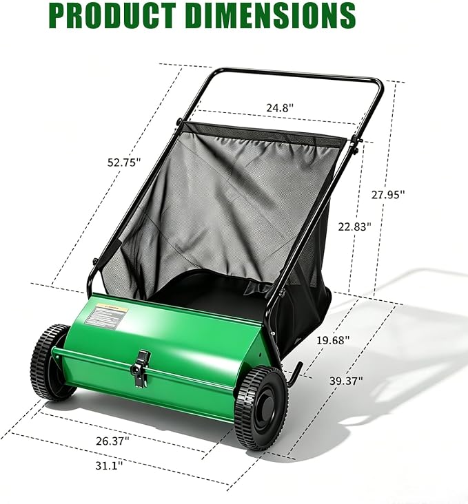 Push Lawn Sweeper, 26 in Grass Sweeper Leaf Collector with 7 Cu.ft Mesh Bag, Yard Sweeper with Adjustable Brush Height and 4 Spinning Brushes for Cleanup, Lawn Care Equipment