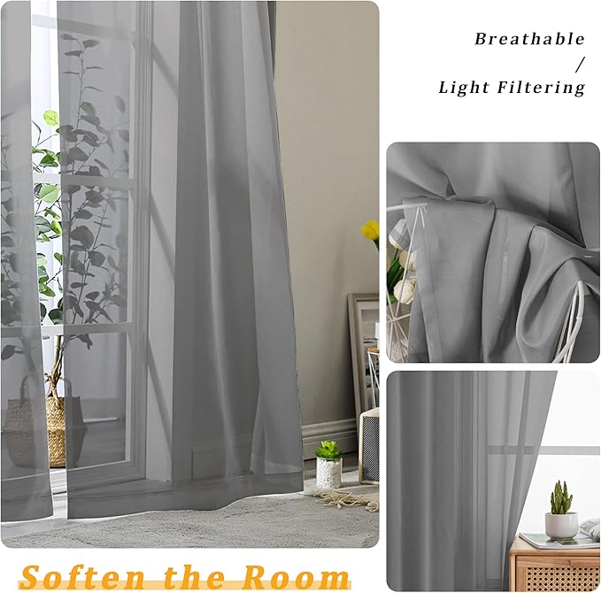 Gwine Charcoal Grey Sheer Curtains 30 Inch Length, Short Light Filtering Voile - Image 4