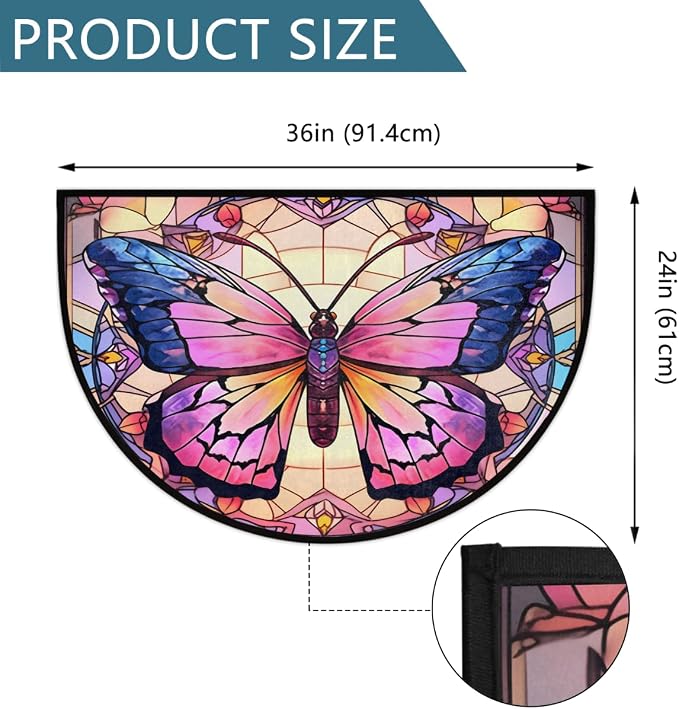 Pardick Half Round Doormat Window Butterfly Art Semi Circle Rug Non Slip Indoor Outdoor Entrance Half Moon Rug Washable Front Floor Mat for Kitchen Bathroom Patio Fireplace Holiday Decor