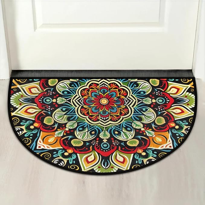 Half Round Door Mat Ethnic Flower Colorful Mandala Non-Slip Semi Circle Area Rug Washable Half Moon Hearth Rugs for Indoor Outdoor Bathroom Kitchen Patio Runner Mat Laundry Room Home Decoration