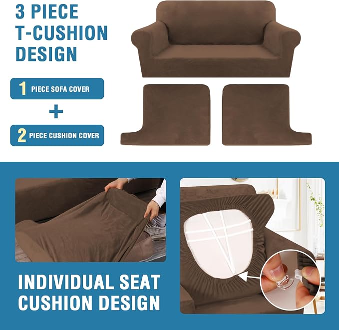H.VERSAILTEX Sofa Cover 3 Piece T Cushion Sofa Slipcovers Thick Velvet Couch Cover Stretch T Cushion Sofa Covers for 2 Cushion Couch with 2 Individual T Cushion Covers Washable, Caramel Cafe
