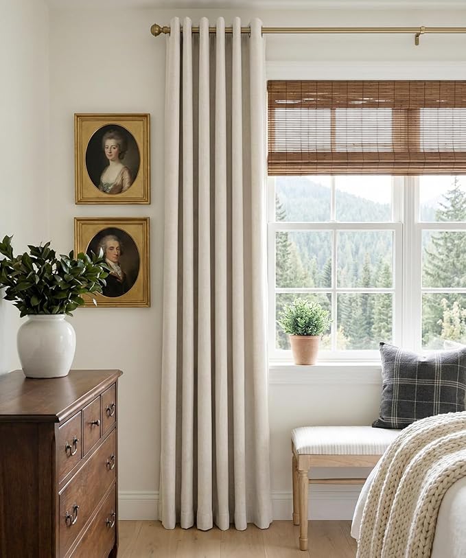 100% Blackout Shield Linen Blackout Curtains for Bedroom, Beige Grommet Curtains for Living Room, Thermal Insulated Room Darkening Drapes for Nursery, Boho Home Decor, 50" W x 72" L, 2 Panels