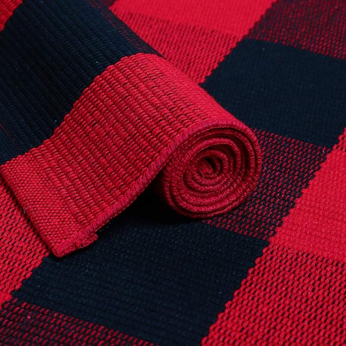 uxcell Buffalo Check Rug,Plaid Outdoor Rug,Layered Door Mat,Cotton Gingham Rugs,Floor Mat for Front Porch/Runner/Bedroom/Kitchen/Farmhouse 35"x24" Red & Black