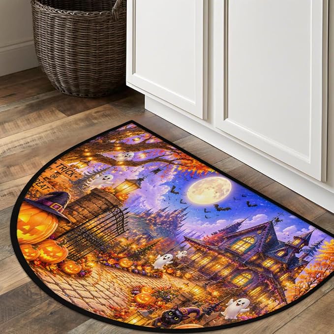 Halloween Half Round Door Mat Welcome Entrance Mat Bath Bathroom Rug B3 | Halloween Ghosts Welcome Entrance Mat Anti-Slip Half Moon Bath Mat Semi Circle Rug Indoor Outdoor Kitchen Rug