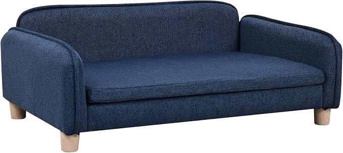 Big Sized Dog Bed -Wooden Frame Pet Sofa Couch, Washable Cushion Cat Couch, Linen Fabric Dog Sofa and Chair for Medium Pet Rest. (Blue)