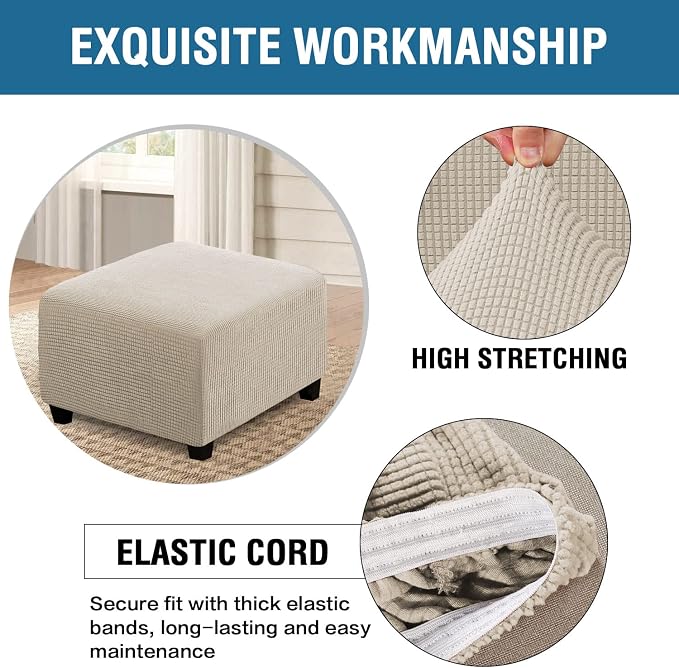 H.VERSAILTEX Square Ottoman Covers Ottoman Slipcovers Folding Storage Stool Furniture Protector Form Fit with Elastic Bottom, Stretch High Spandex Small Checks Jacquard Fabric(Medium,Island Fossi)