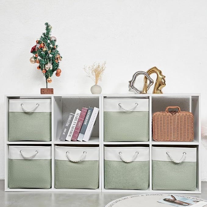 13 Inch 6 Pack Foldable Fabric Storage Basket with Handles | Home Cube Storage Basket,Large Cube Storage Bins,Closet Storage, Home Organizer(White&Green)