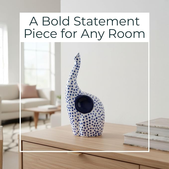 Ceramic Elephant Figurine Sculpture – Artful Room Decor Accent, Shelf, Desk, or Mantel Placement, Boho Home Decor Detail with Symbolic Charm – 8", Blue and White Finish