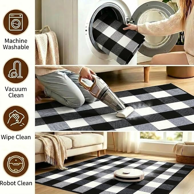 Buffalo Plaid Rug 3' x 5' Black and White Front Door Mat Reversible Layered Porch Rug Washable Hand Woven Cotton Area Rug for Indoor Outdoor Entryway Patio Porch Decor