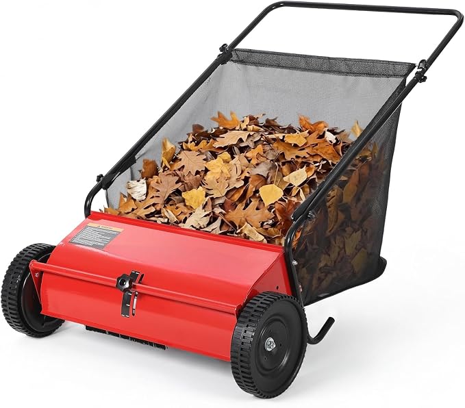 Steel 26 Inch Push Lawn Sweeper with 7 Cu ft Hopper Bag | Walk Behind Heavy Duty Leaf Collector and Yard Sweeper, Adjustable Brush Height for Patio Driveway & Garden Grass