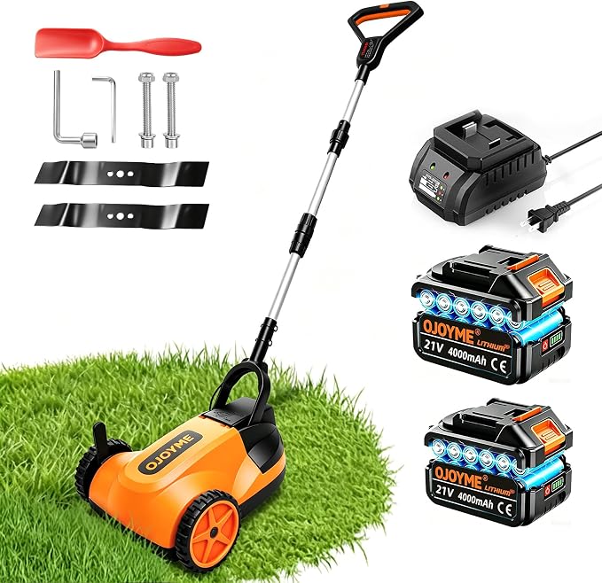 Mini Cordless Lawn Mower, 9 Inch Electric Grass Cutter | Brushless Motor, 2 x 21V 4.0Ah Batteries, 3 Adjustable Cutting Heights, Lightweight Push Mower for Small Yard & Garden