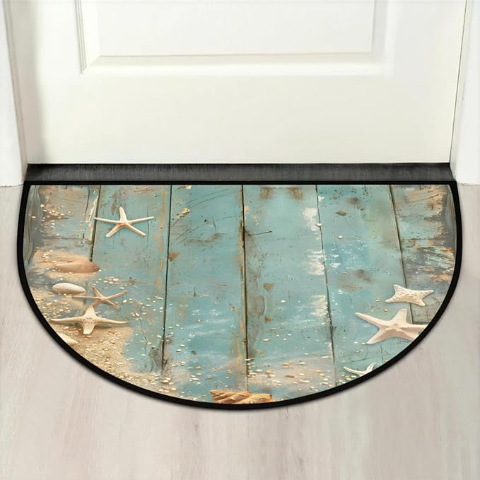 Half Round Doormat Wooden Background Starfish Shells Non Slip Half Circle Area Rugs Indoor Washable Half Moon Rug Semi Circle Bathroom Runner Mat Entrance Floor Carpet for Kithen Bedroom Fireplace
